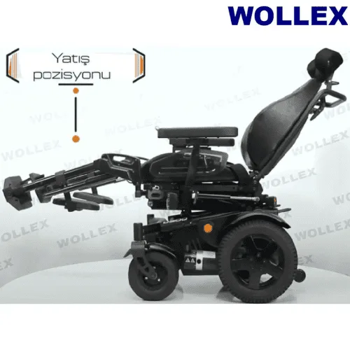 Wollex D500 akülü sandalye, yatış pozisyonunda sırtlık geride ve ayaklıklar uzatılmış, yandan