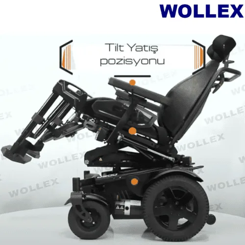 Wollex D500 akülü sandalye, tilt yatış pozisyonunda, ayak dayamaları yukarı kalkık, yandan