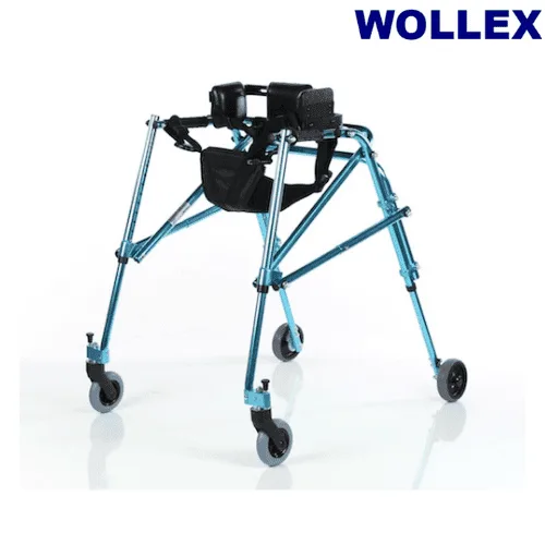 Wollex WG-W942 pediatrik walker, açık mavi şasi ve kalça desteği, çapraz açıdan