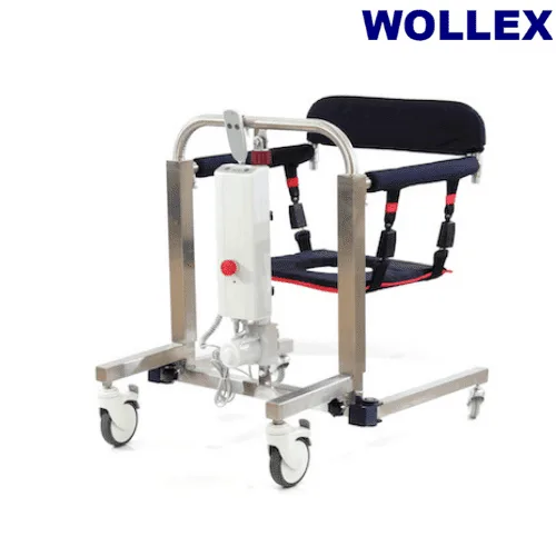 Wollex WG-L500 motorlu hasta taşıma lifti, metal şasi, motor ünitesi ve lacivert oturak