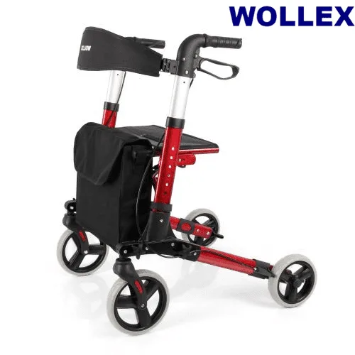 Wollex WG-R968 alüminyum rolatör, kırmızı şasi, siyah çanta ve sırt dayama, çapraz açıdan