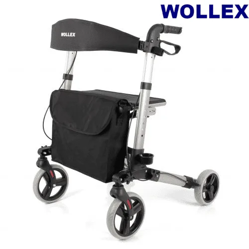 Wollex WG-R968 alüminyum rolatör, gümüş şasi seçeneği, siyah çanta ve sırt dayama