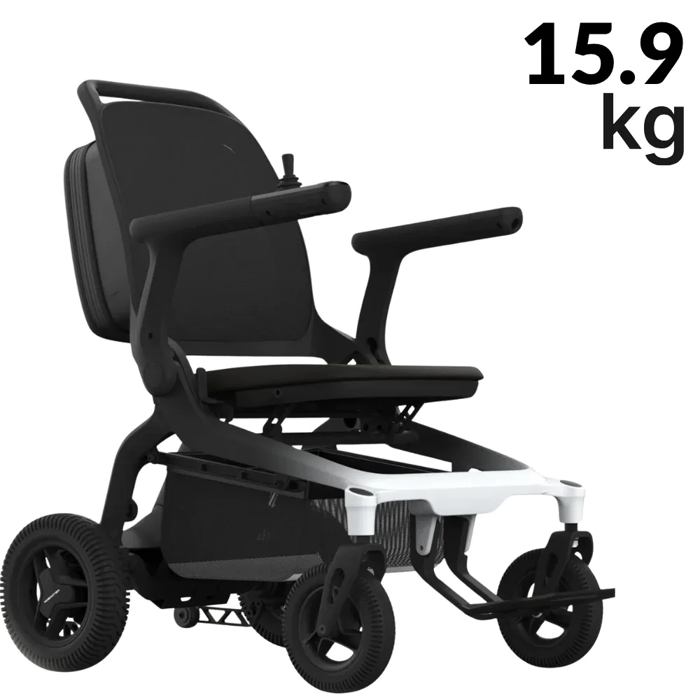 Robooter E80 Karbon fiber akülü sandalye, siyah koltuk, beyaz alt gövde, 15.9 kg yazısıyla