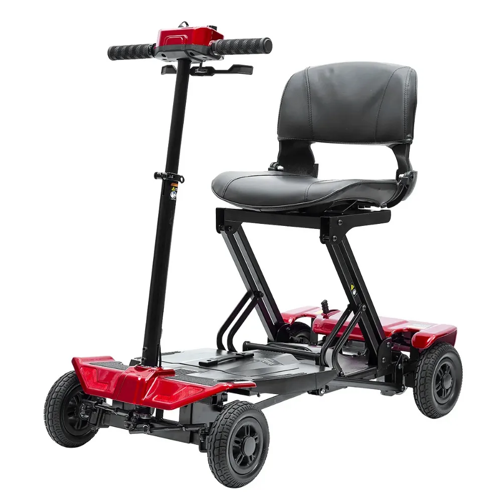 Soliden otomatik katlanabilir 4 tekerlekli scooter, kırmızı gövde ve siyah koltuk, önden çapraz