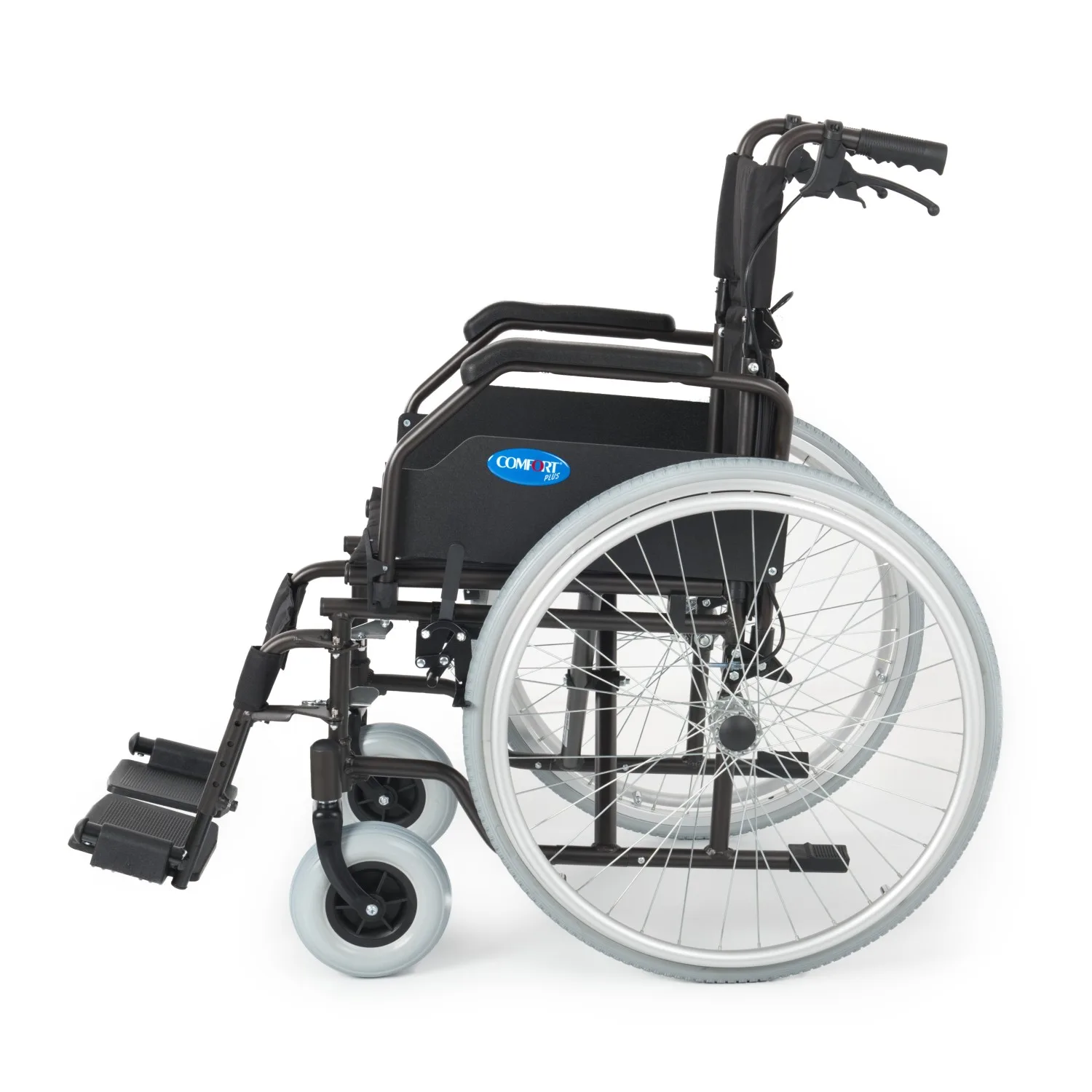 Comfort Plus DM-321 tekerlekli sandalye, arkadan çapraz açıdan, telli gri arka teker