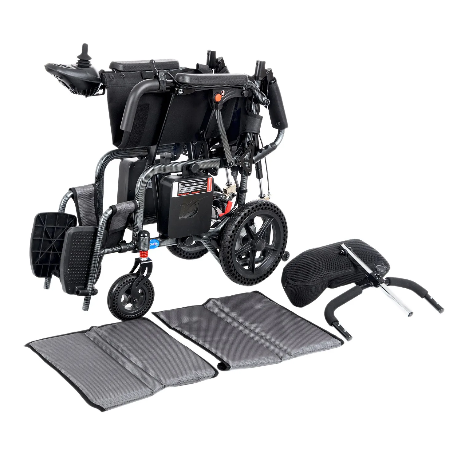 Comfort Plus DY01102 akülü sandalye sırtı katlanmış, yanında baş desteği ve gri minderler
