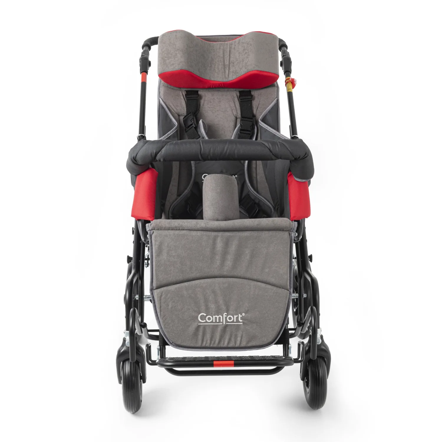 Comfort Size 6+ engelli çocuk puseti önden, kırmızı yan destekler ve emniyet kemerleri