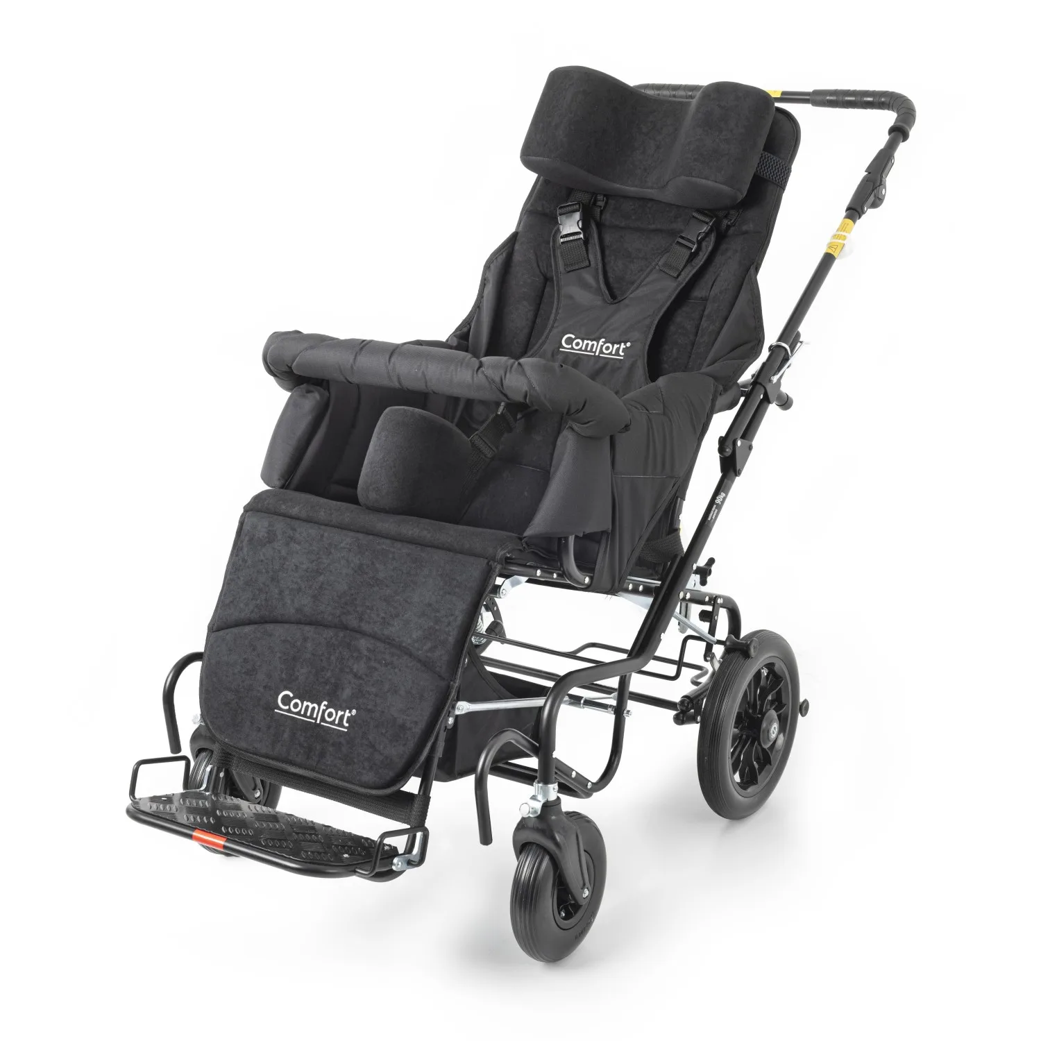 Comfort Size 7 engelli çocuk ve yetişkin puseti, siyah döşeme, önden çapraz açıdan
