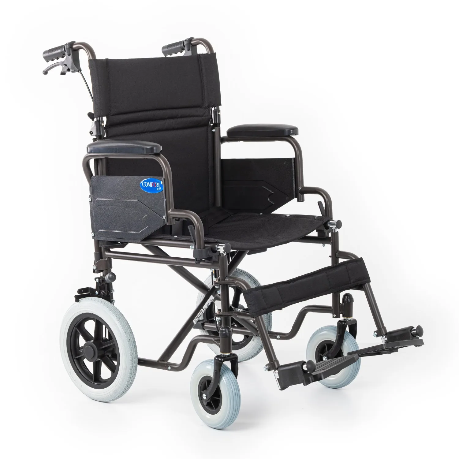 Comfort Plus DM-327 transfer sandalye sağ önden çapraz, ayak dayamalar ve küçük arka tekerler