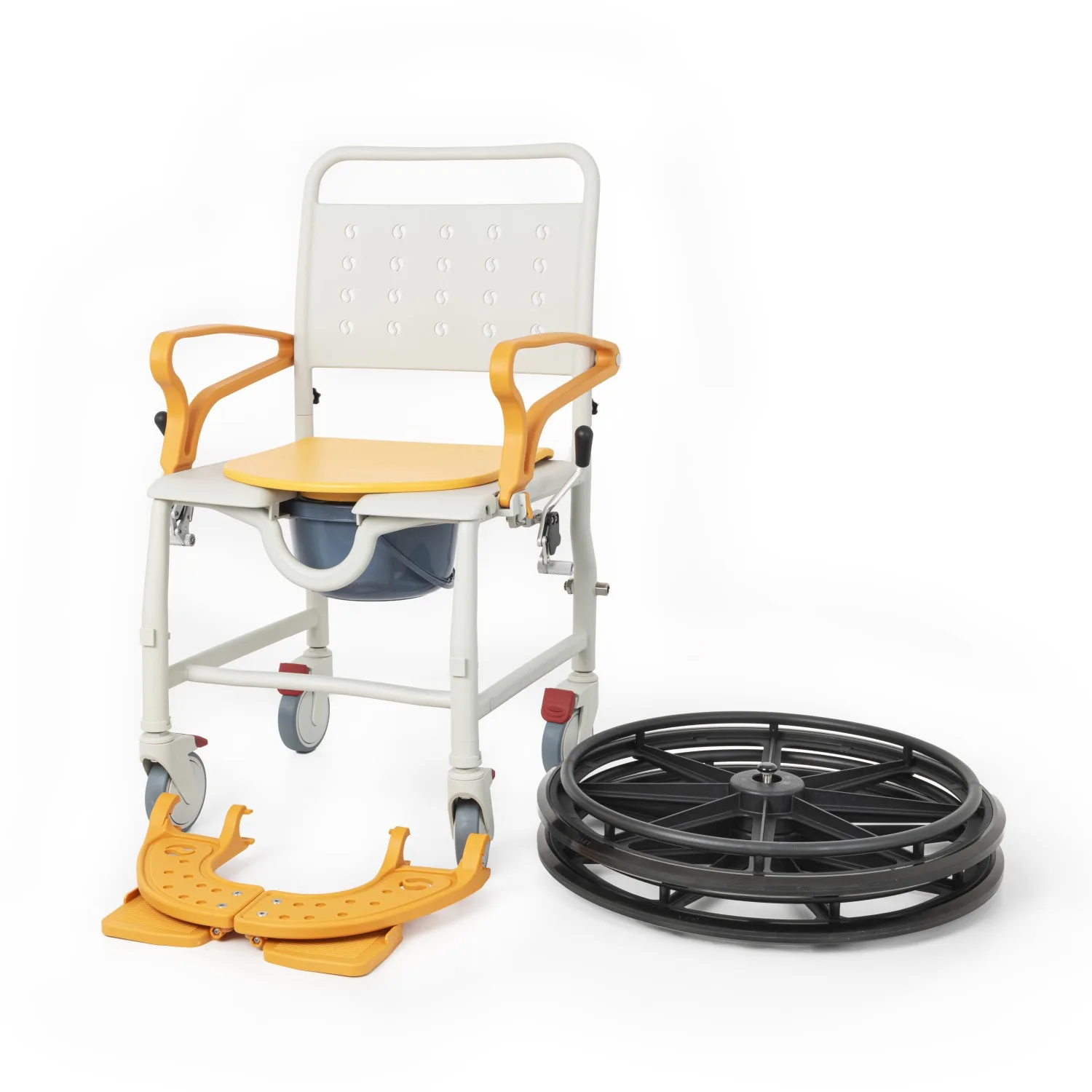 Comfort Plus DM-8088B banyo sandalyesi, arka tekerler ve ayak dayamaları sökülmüş hâli