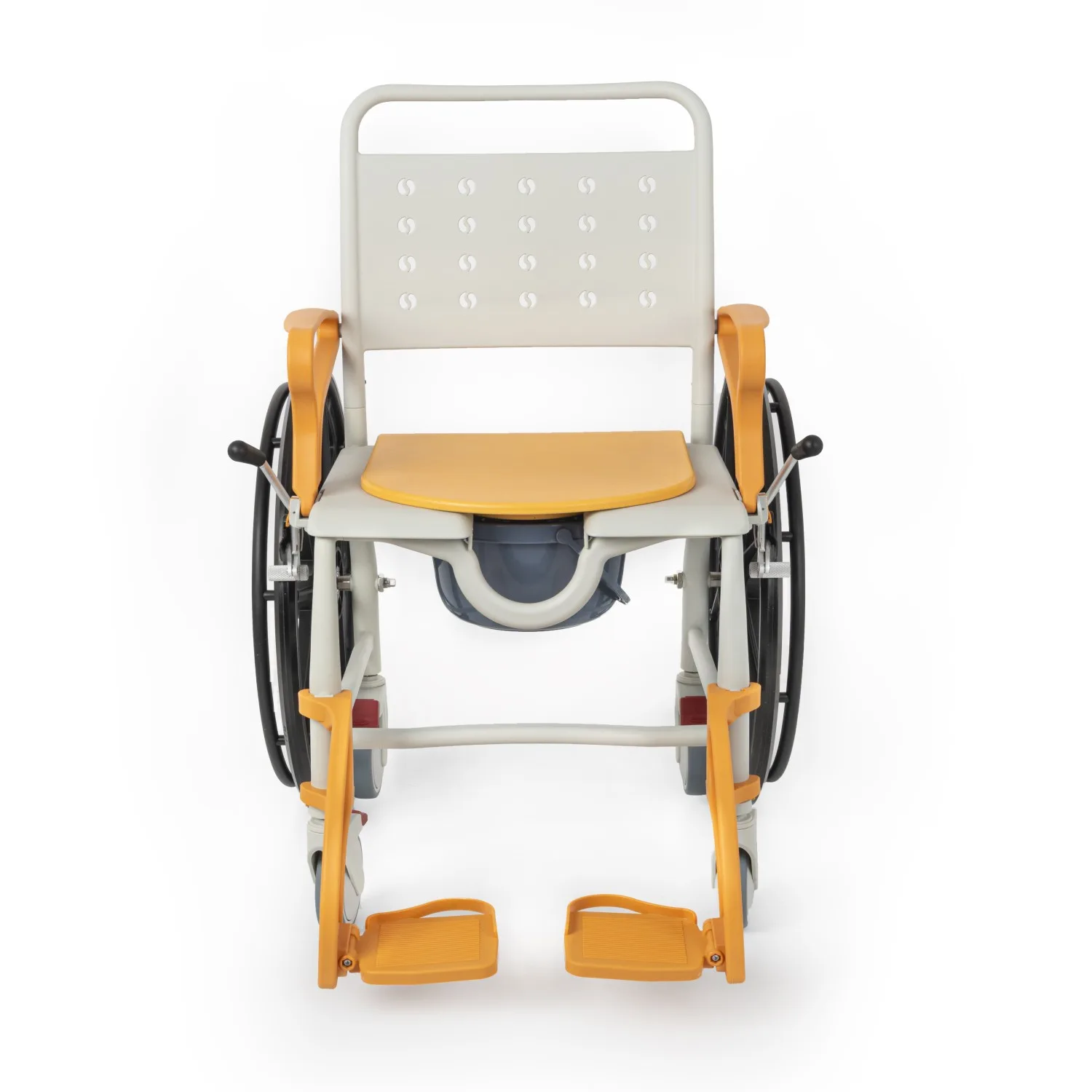 Comfort Plus DM-8088B banyo sandalyesi önden, turuncu oturak ve ayak dayamaları