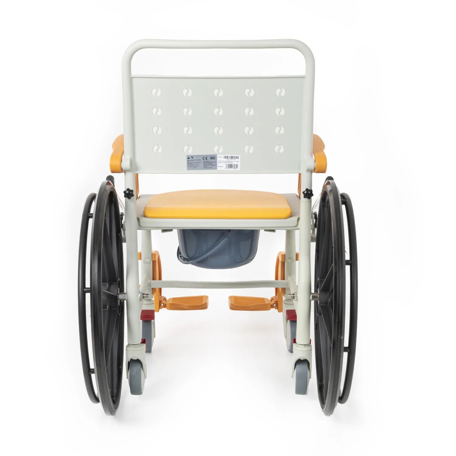 Comfort Plus DM-8088B banyo sandalyesi arkadan, delikli sırtlık ve altta lazımlık kovası