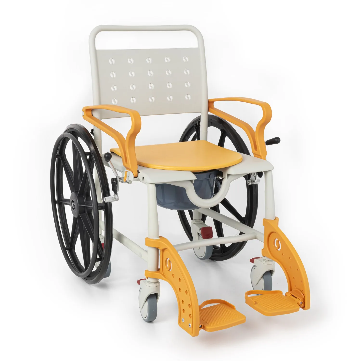 Comfort Plus DM-8088B banyo ve tuvalet sandalyesi sağ önden, gri sırtlık ve turuncu ayaklıklar