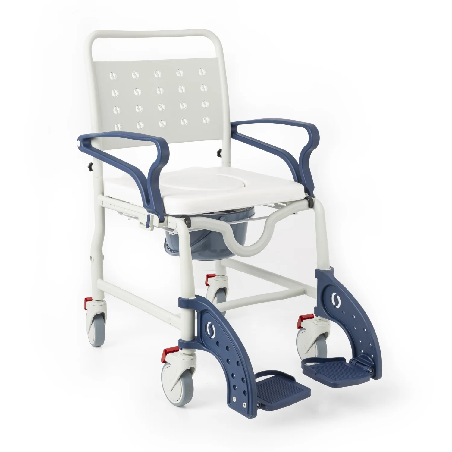 Comfort Plus DM-8088C soft banyo sandalyesi önden çapraz, beyaz oturak ve lacivert ayaklıklar