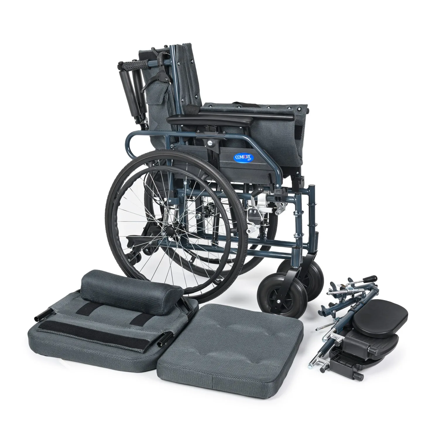 Comfort Plus PHW954LGC-46 sandalye katlanmış, yanında minderler ve sökülmüş ayak dayamaları
