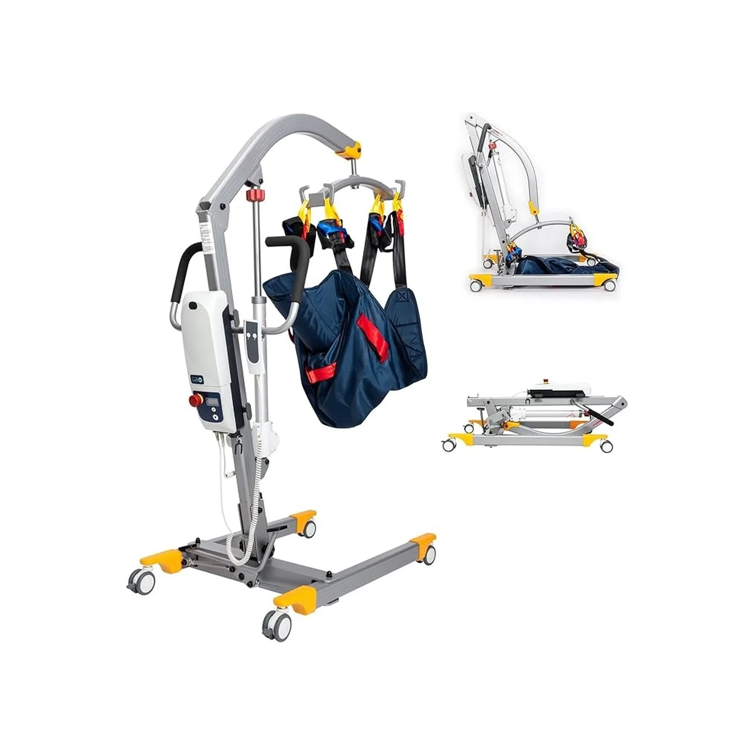 Comfort Plus DM-181 engelli transfer lifti, lacivert askı takılı, yanında katlanmış hâlleri
