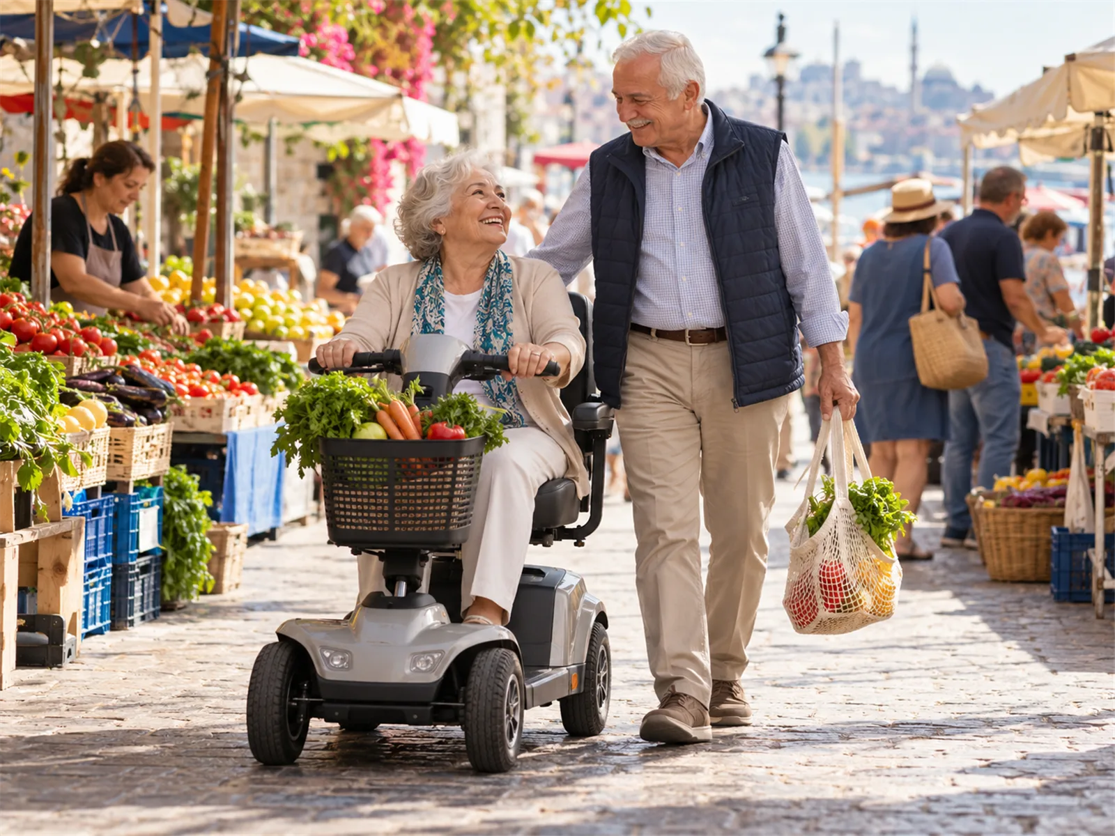 Pazar yerinde akülü engelli scooterıyla alışveriş yapan yaşlı kadın ve eşi