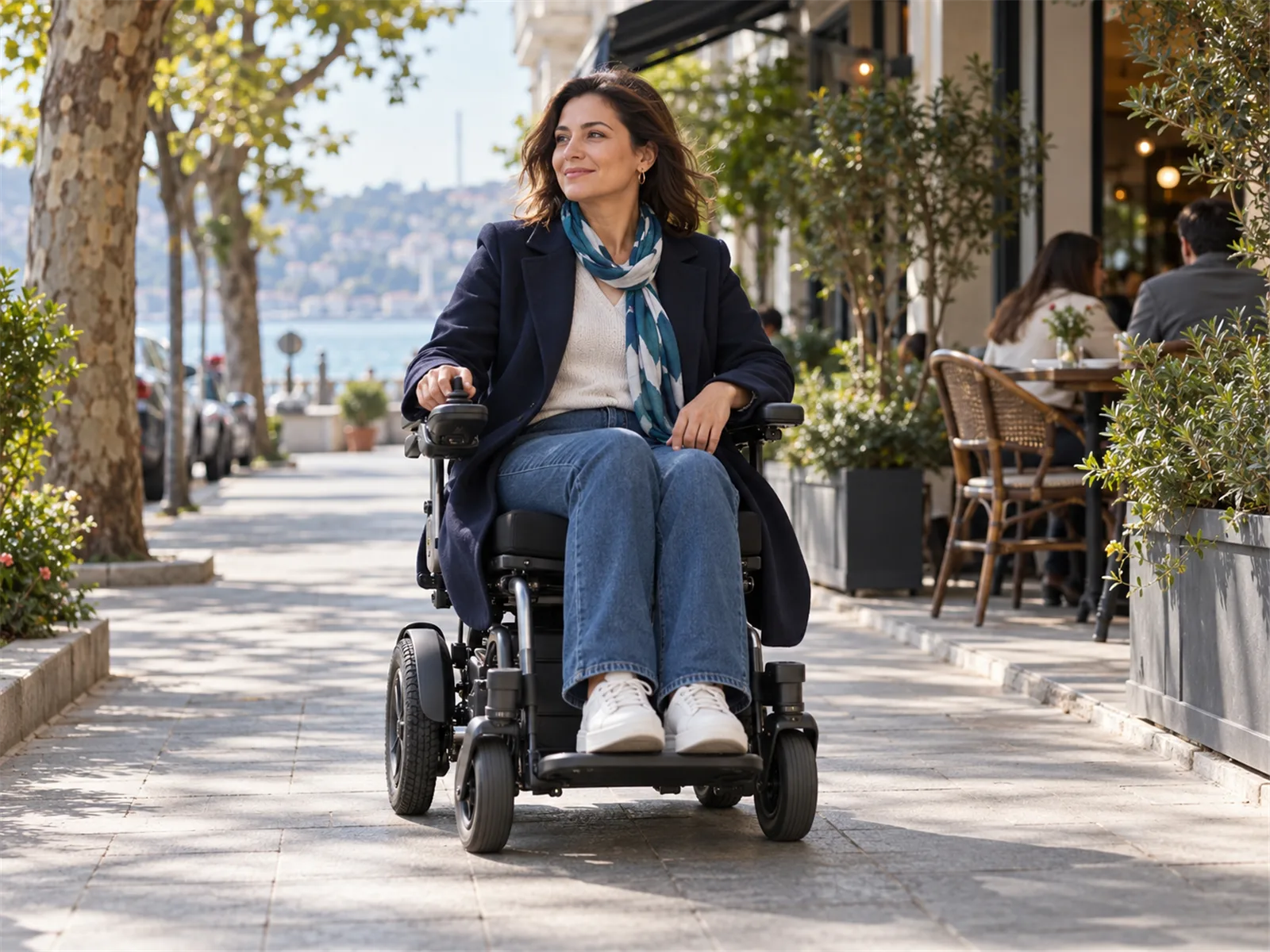 Ağaçlı bir İstanbul sokağında akülü tekerlekli sandalye kullanan kadın