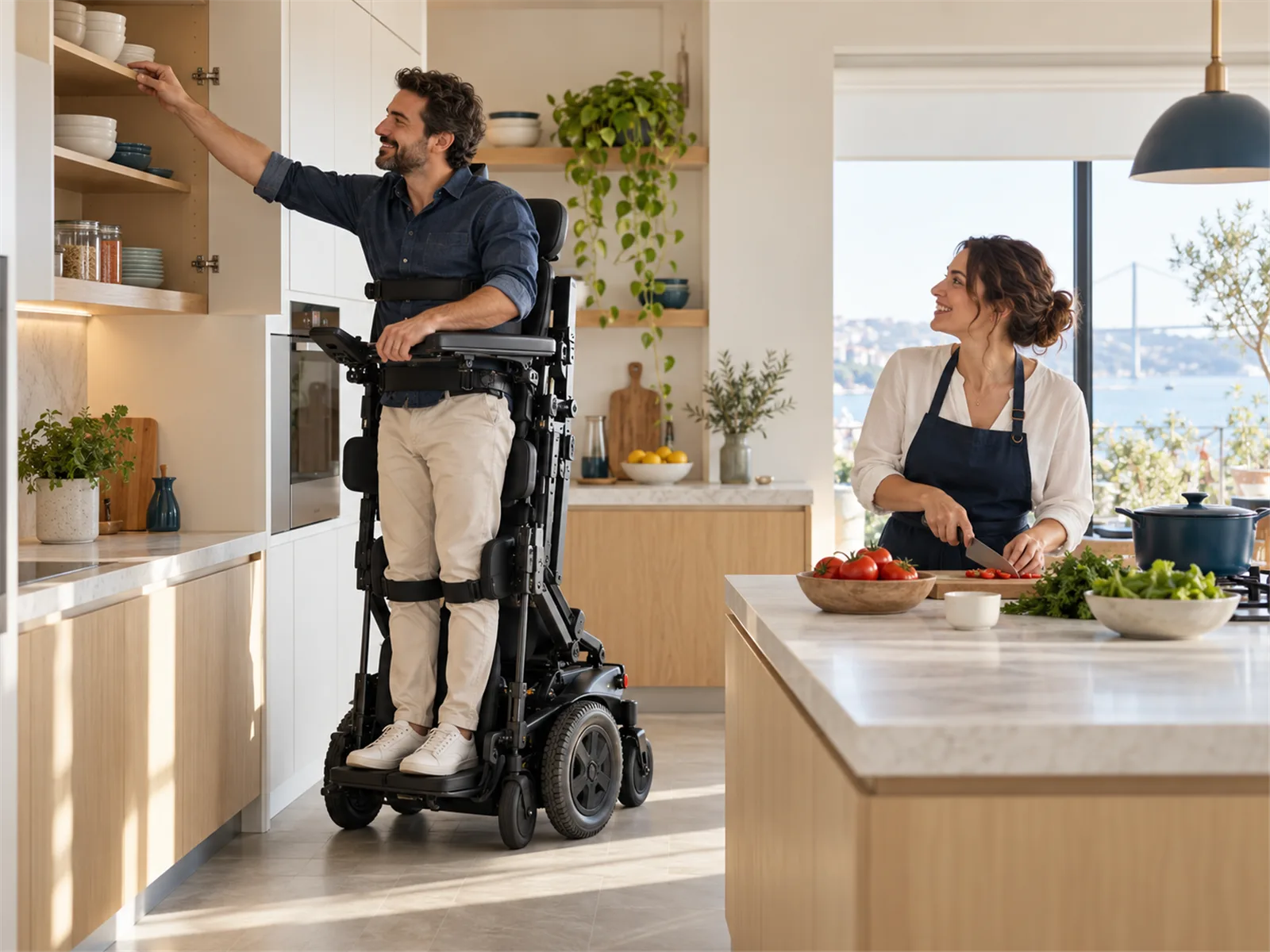 Ayağa kaldıran akülü sandalyeyle mutfakta üst rafa uzanan adam