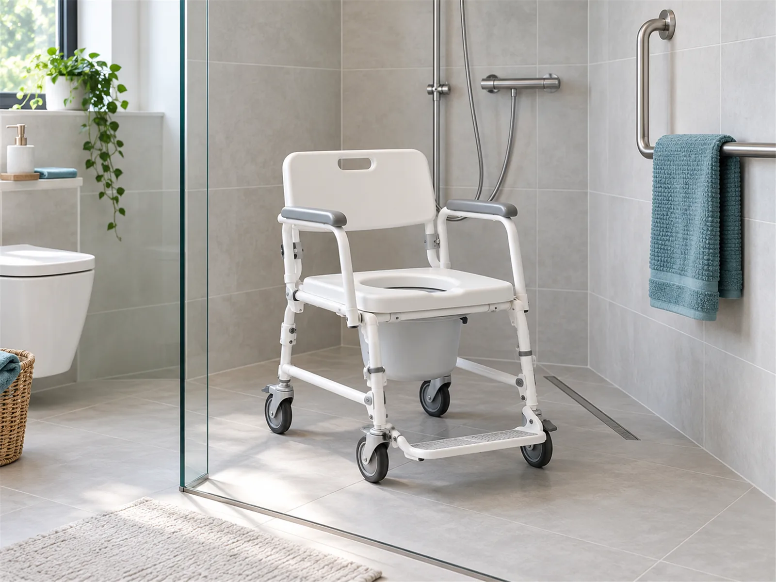 Erişilebilir duş alanında tekerlekli banyo ve tuvalet sandalyesi