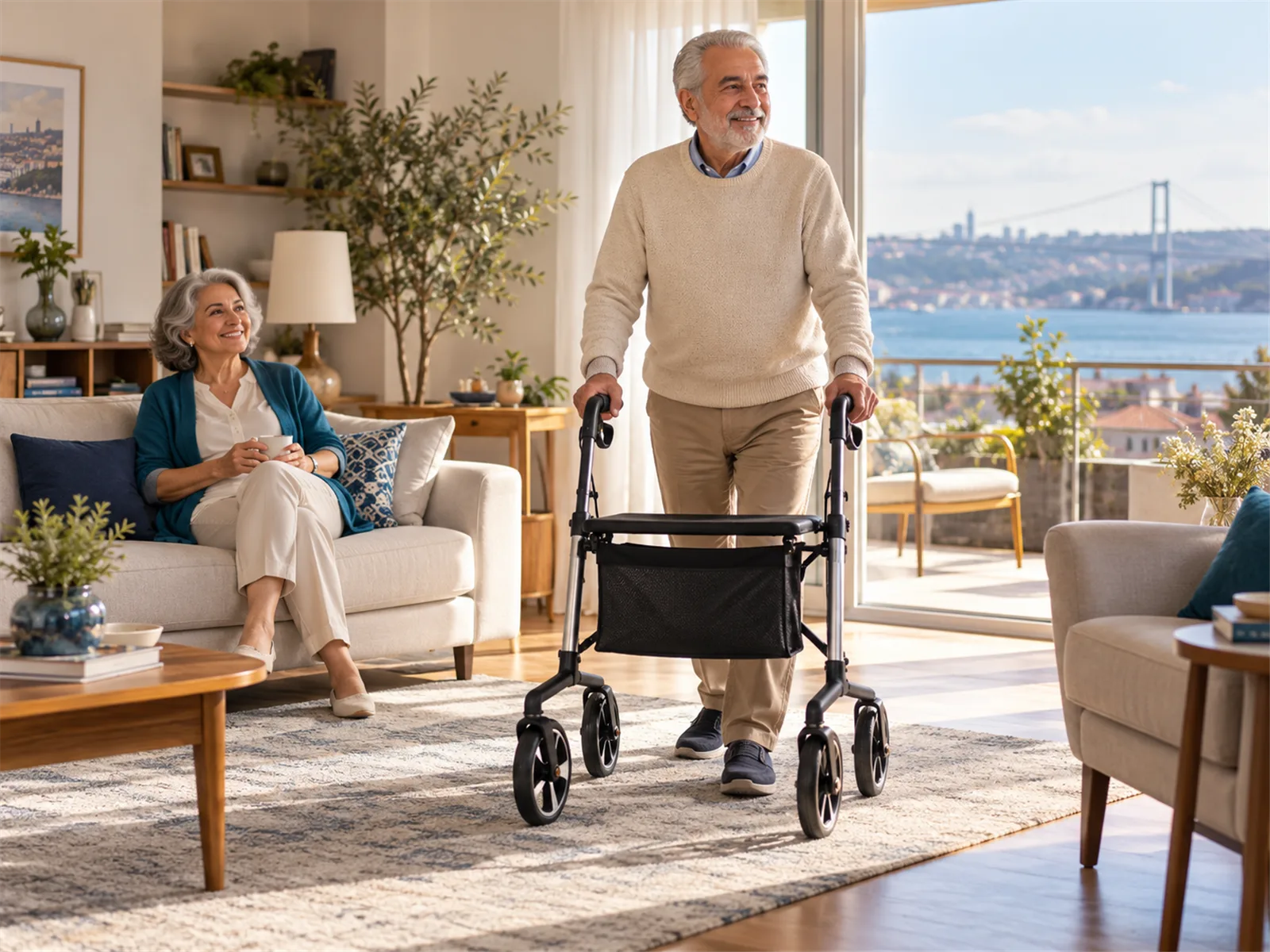 Oturma odasında dört tekerlekli rolatörle yürüyen yaşlı adam