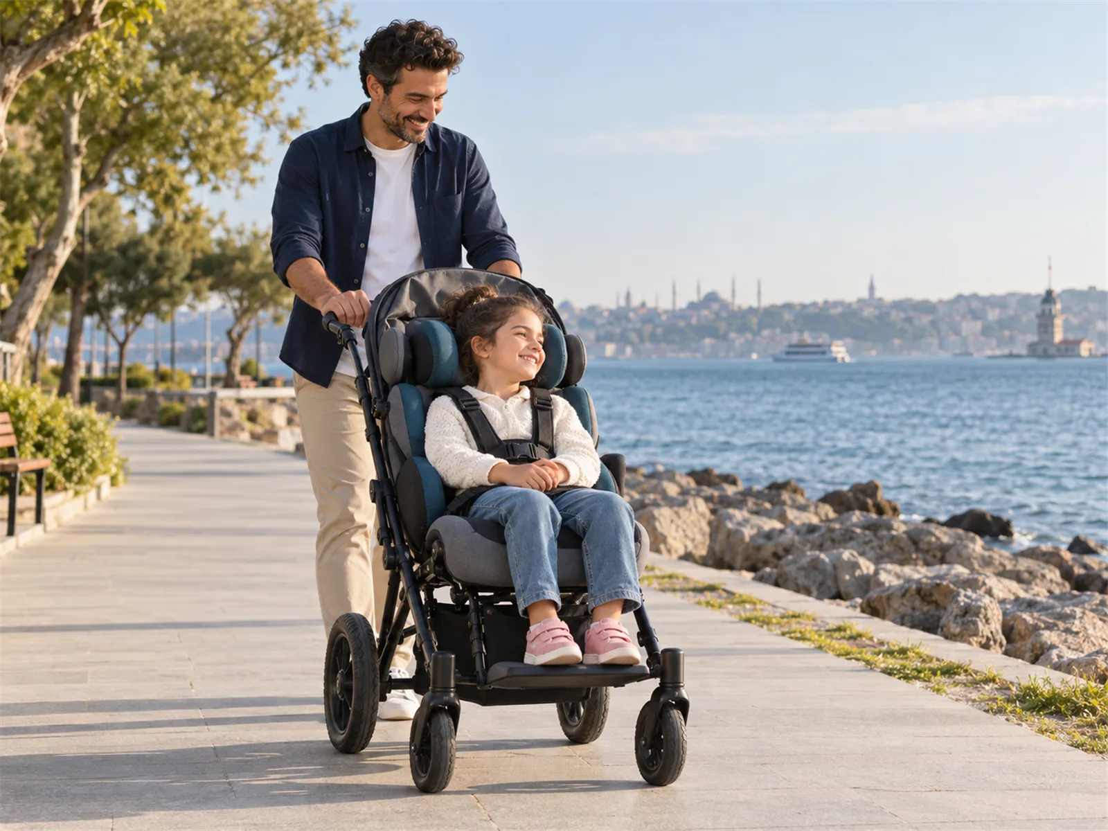 Sahil parkında engelli çocuk pusetini iten baba ve gülümseyen kızı