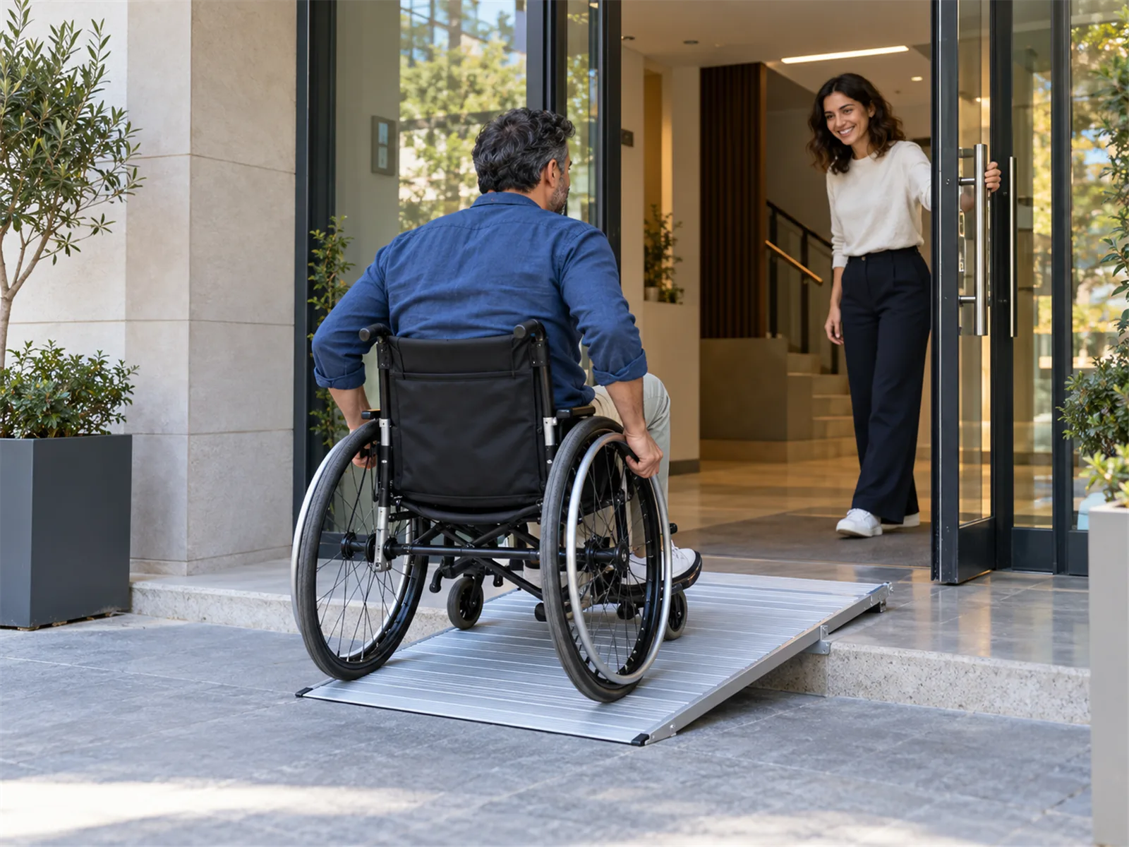 Apartman girişindeki eşik rampasından tekerlekli sandalyeyle geçen adam