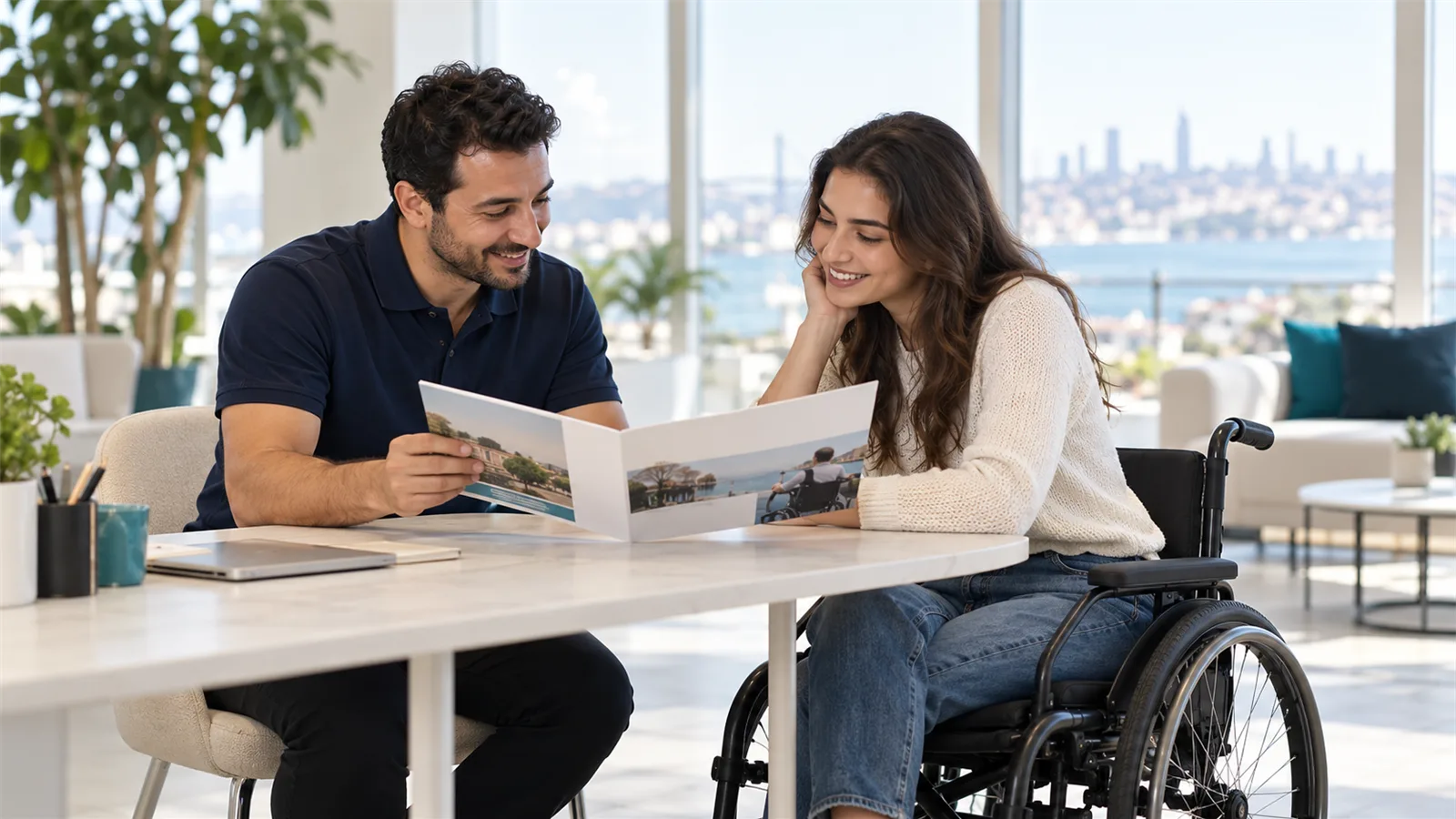 Danışman, tekerlekli sandalye kullanan genç kadınla ürün kataloğunu inceliyor